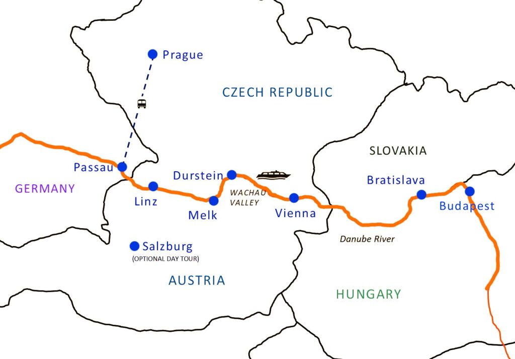 Prague to Budapest map