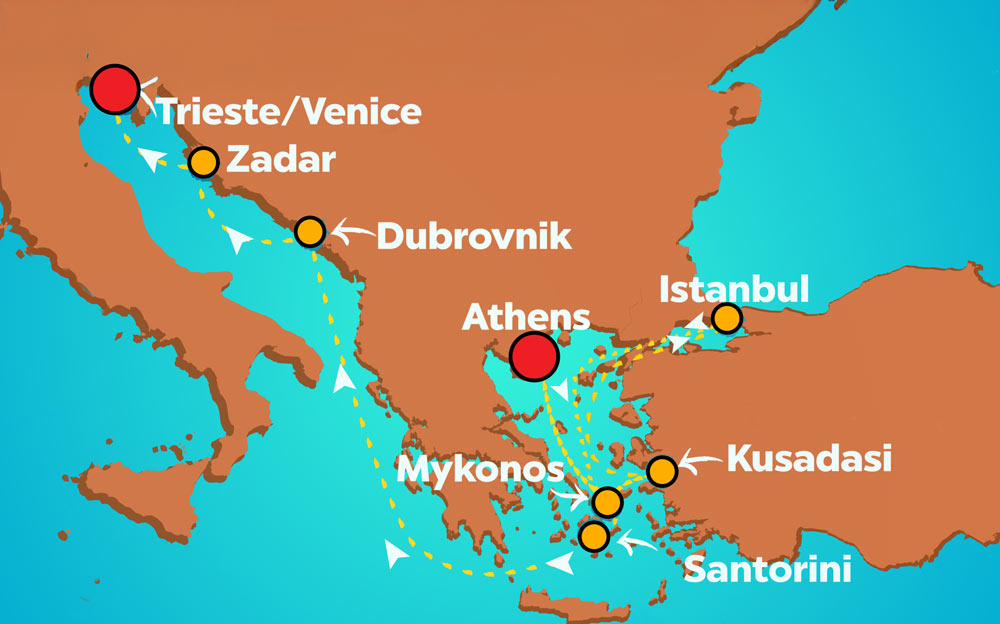 Atlantis Athens to Venice on Virgin Voyages map